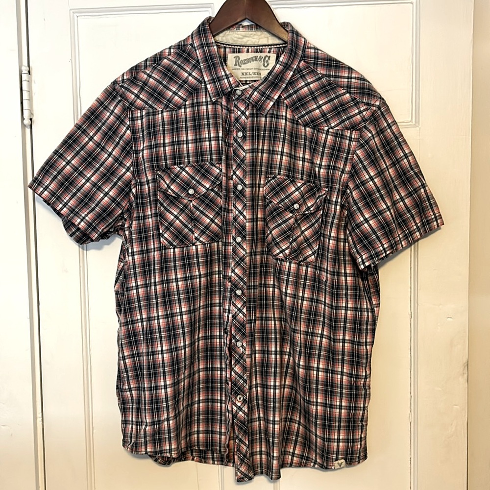 Roebuck and Co. Men’s short sleeve western style shirt. Brown&orange plaid XXL.
